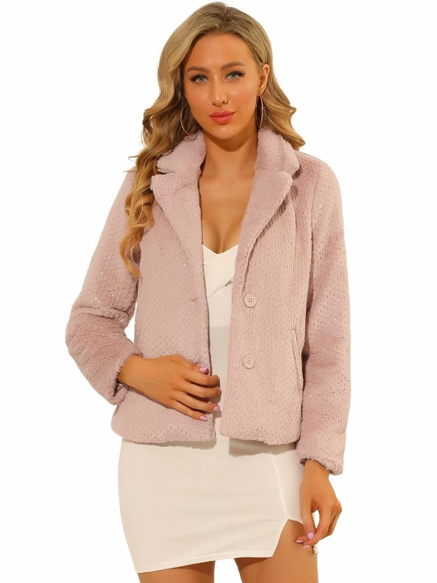 Pink Glittery Faux Fur Coat for Women - Short Fluffy Jacket with Notched Lapel
