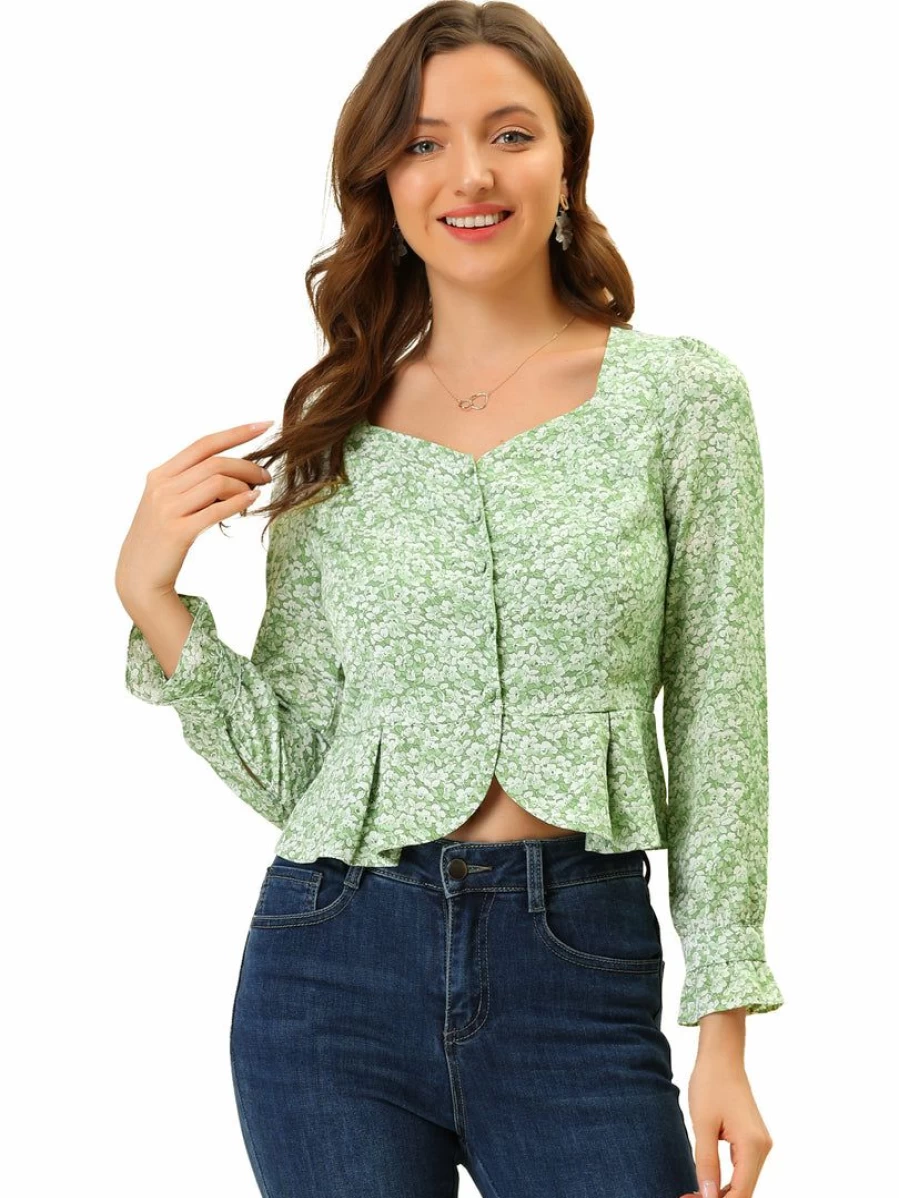 Allegra K Women's Green Floral Ruffle Long Sleeve Peplum Blouse Casual Top