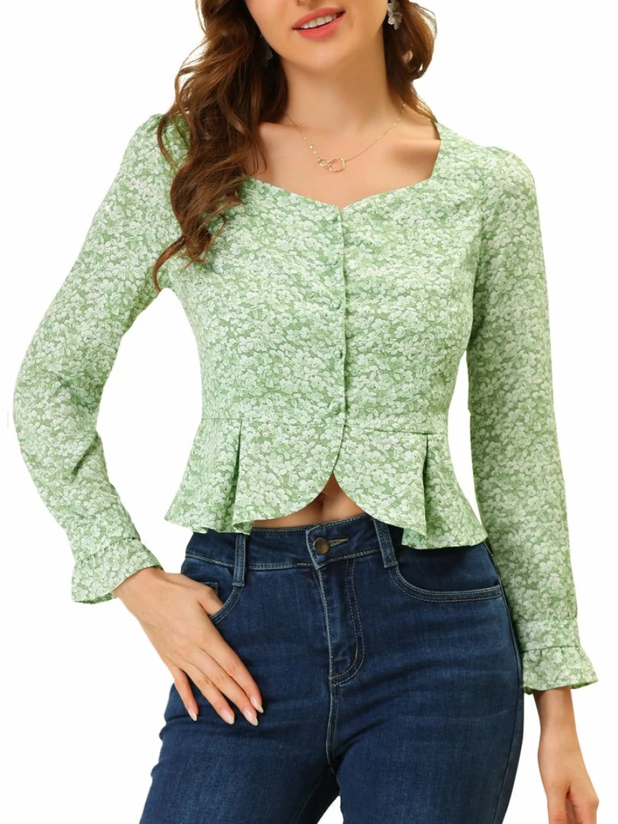Allegra K Women's Green Floral Ruffle Long Sleeve Peplum Blouse Casual Top
