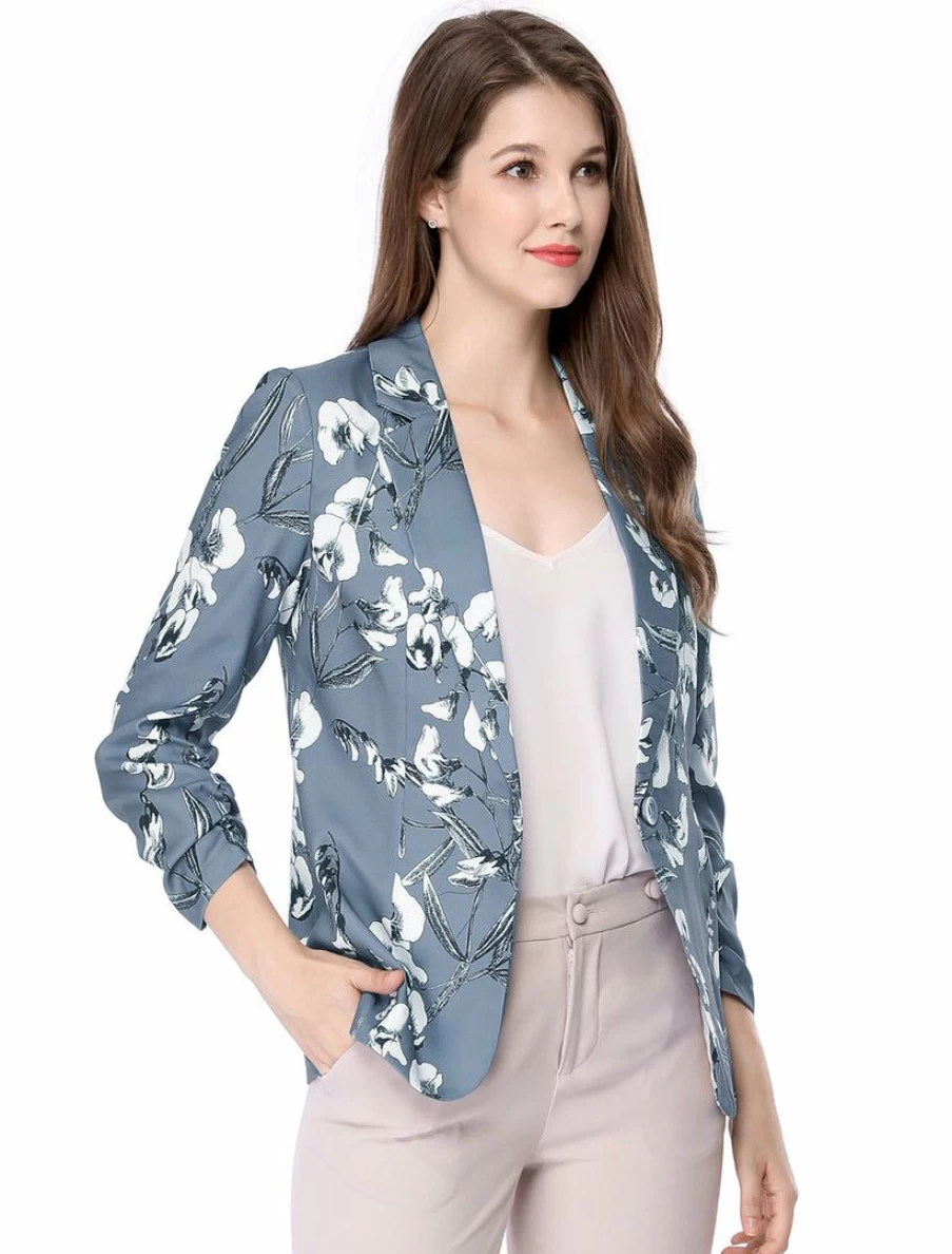 Blue Floral Print Women's Suit Blazer with Notched Lapel & Button Front