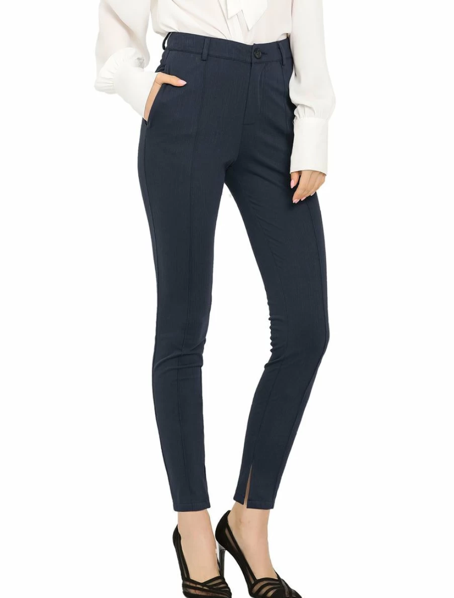 Women's High Waist Straight Leg Pants with Pintuck Details and Slit Hem for Office Work