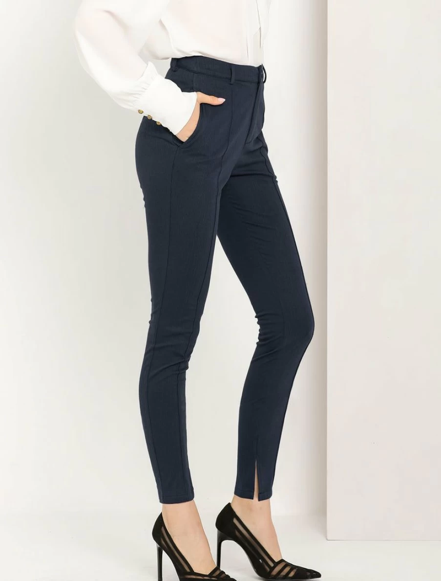 Women's High Waist Straight Leg Pants with Pintuck Details and Slit Hem for Office Work