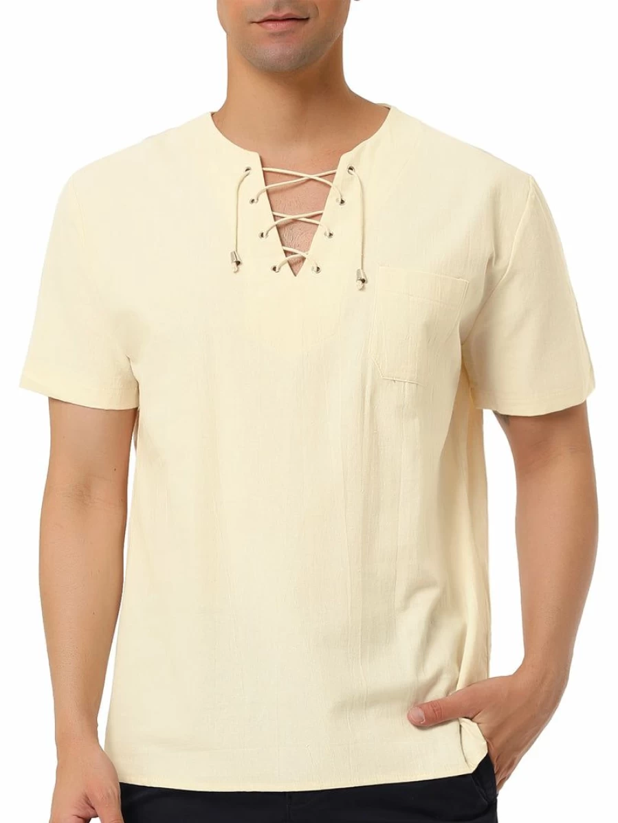 Men's Summer Linen Shirt Short Sleeve V-Neck Solid Color Casual T-Shirt Breathable Lightweight Comfortable