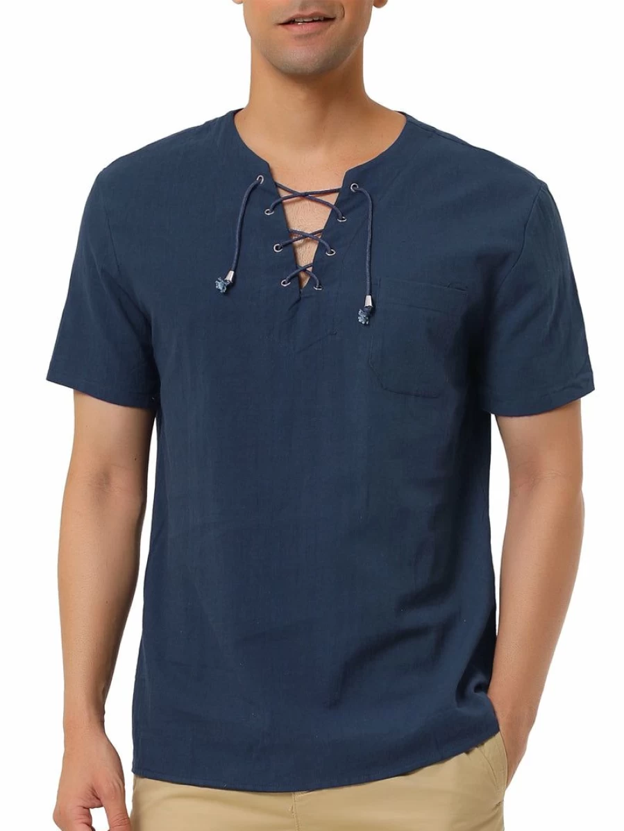Men's Summer Linen Shirt Short Sleeve V-Neck Solid Color Casual T-Shirt Breathable Lightweight Comfortable