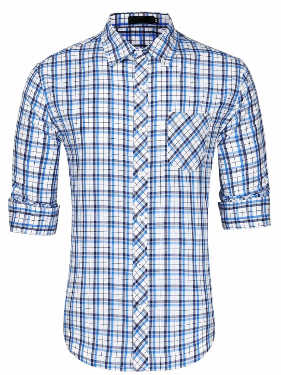 Men's Casual Long Sleeve Plaid Shirt Western Style Button Down Checkered Shirt