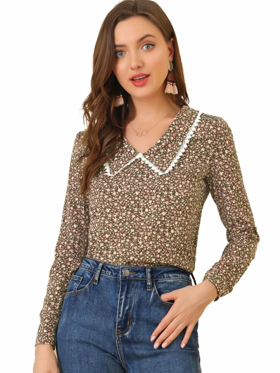 Vintage Floral Brown Long Sleeve Peasant Blouse for Women - V Neck Bohemian Top