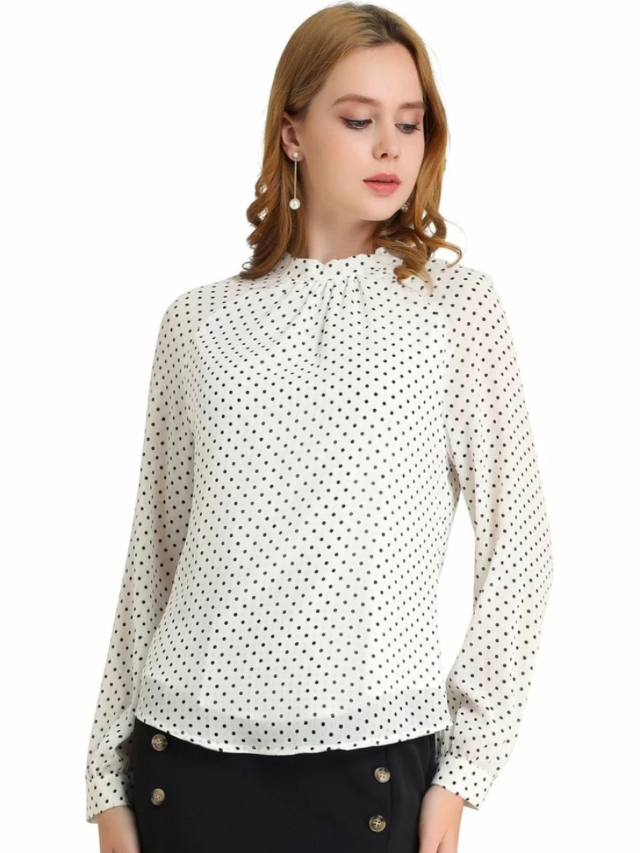 Allegra K Women's White Polka Dot Chiffon Blouse Long Sleeve High Collar Office Shirt Spring Top