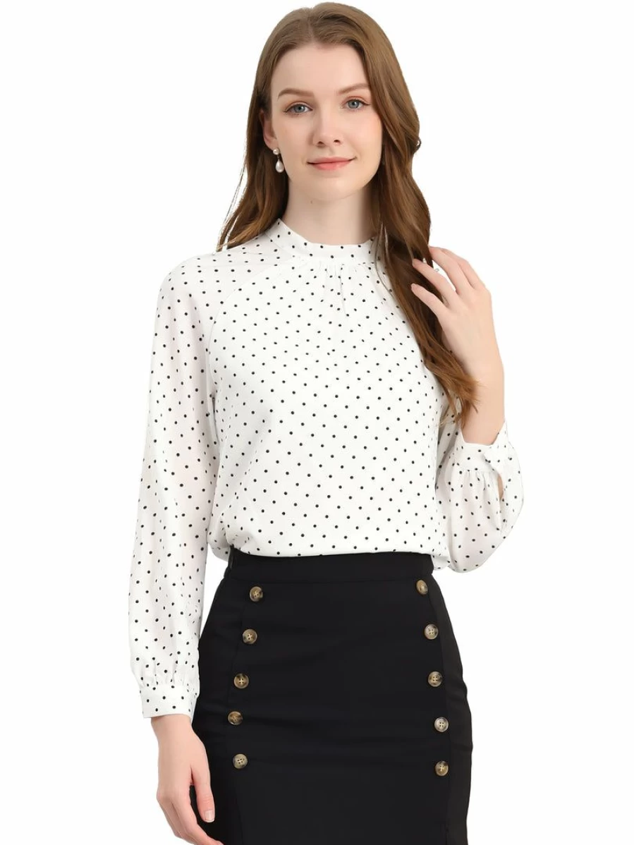 Allegra K Women's White Polka Dot Chiffon Blouse Long Sleeve High Collar Office Shirt Spring Top