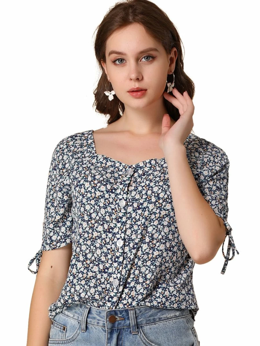 Allegra K Women's Blue Floral Sweetheart Neck Blouse with Button Up Cuffs