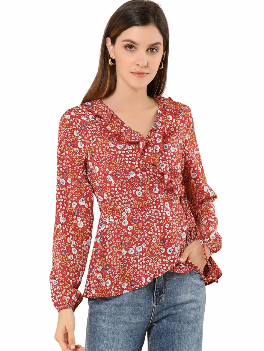 Floral Print Wrap Peplum Top for Women with V Neck and Self Tie Detail