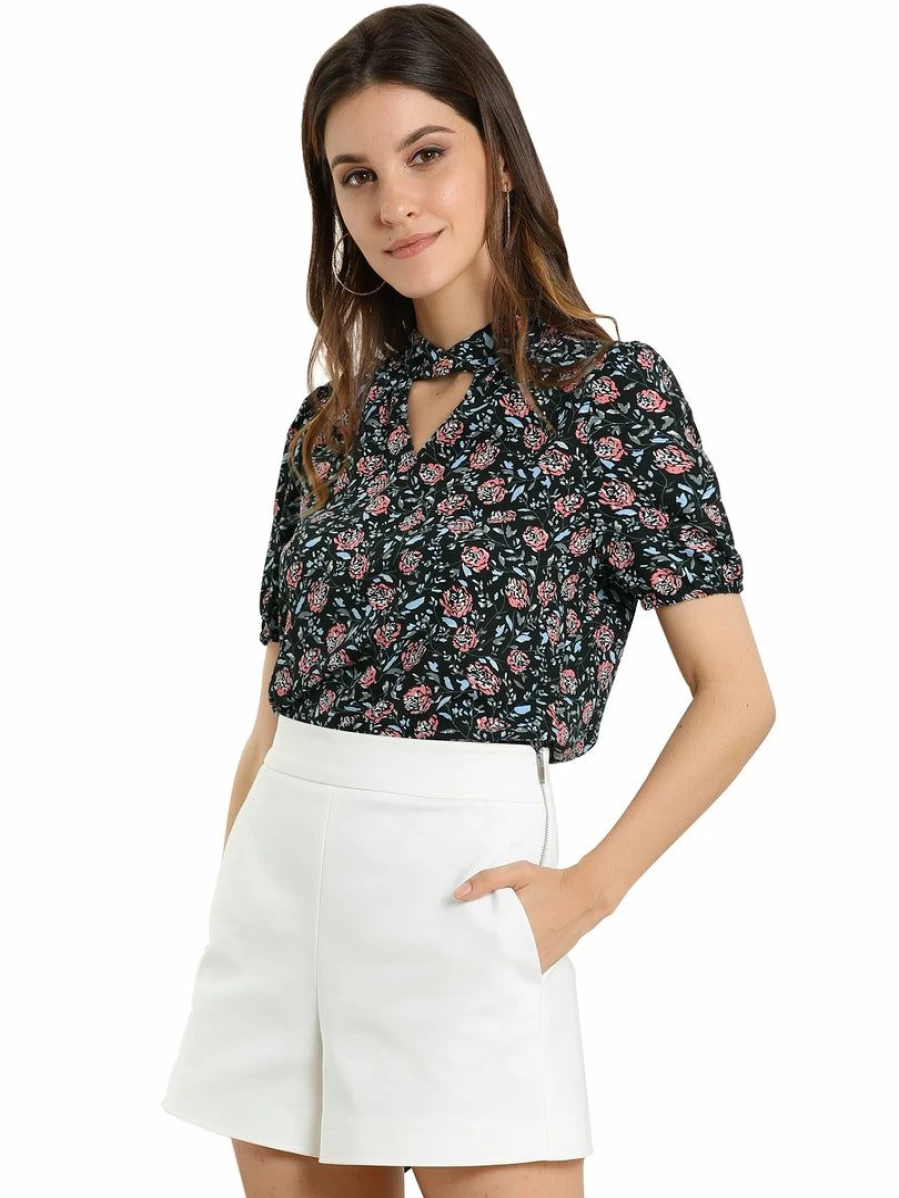 Black Floral Puff Sleeve Keyhole Blouse for Women - Elegant Stand Collar Short Sleeve Top
