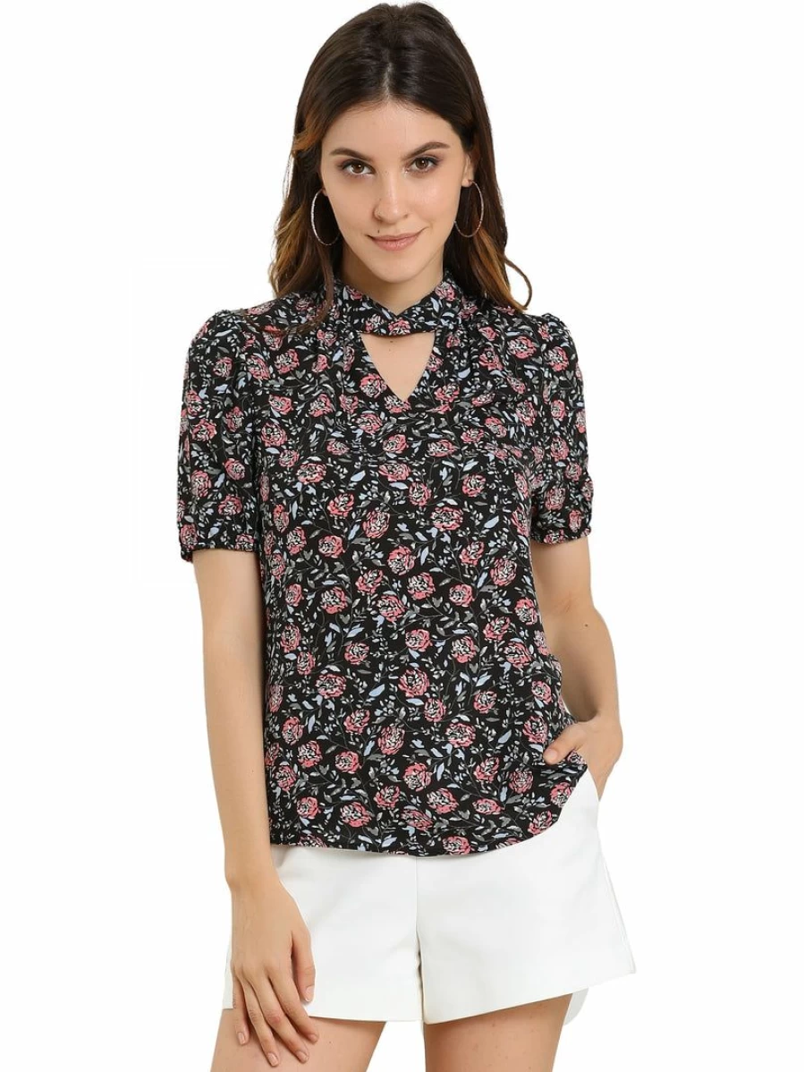 Black Floral Puff Sleeve Keyhole Blouse for Women - Elegant Stand Collar Short Sleeve Top