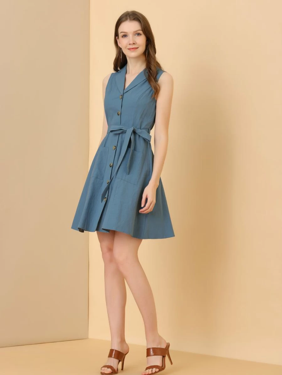 Allegra K Women's Grey Blue Casual Belted Fit & Flare Sleeveless Shirt Dress with Notched Lapel