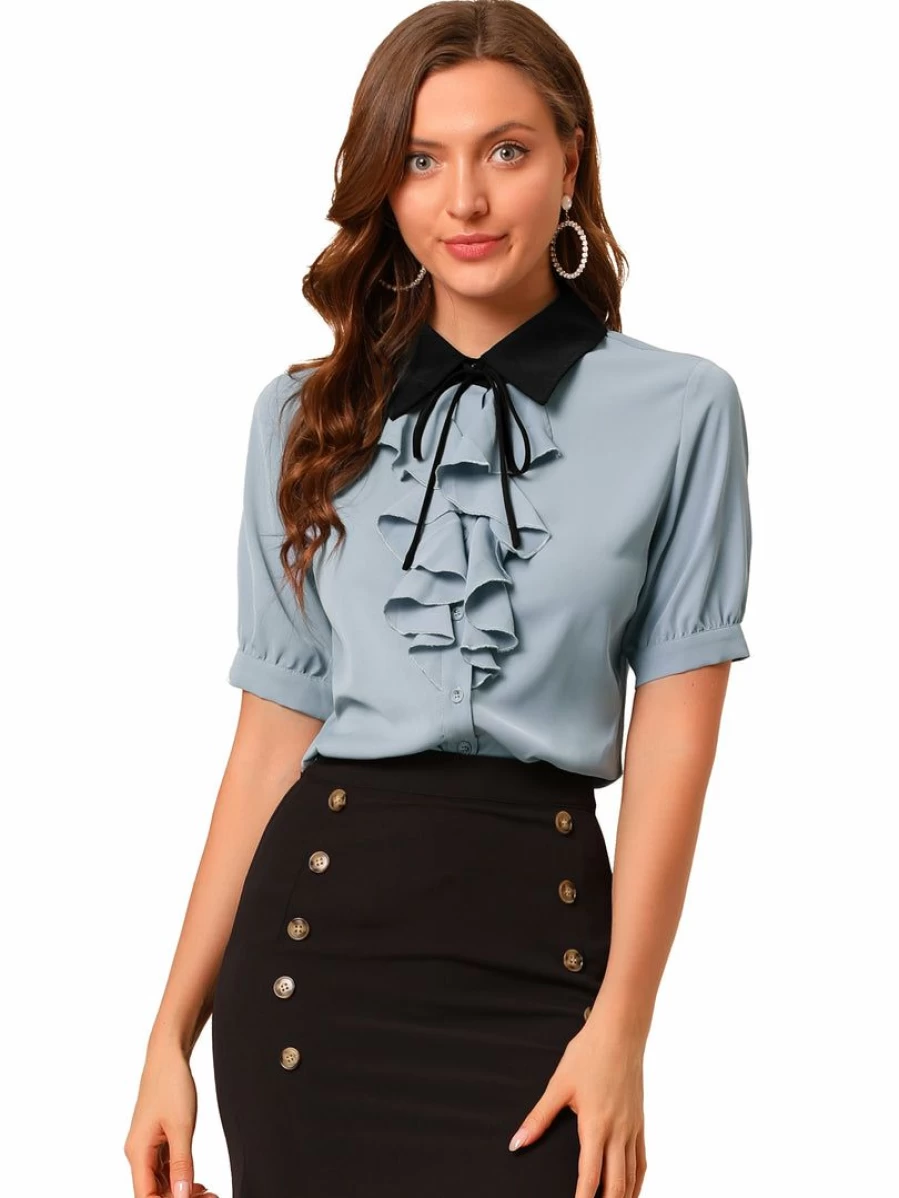 Women's Contrast Collar Ruffle Front Button-Down Shirt Short Sleeve Office Blouse Workwear Tops