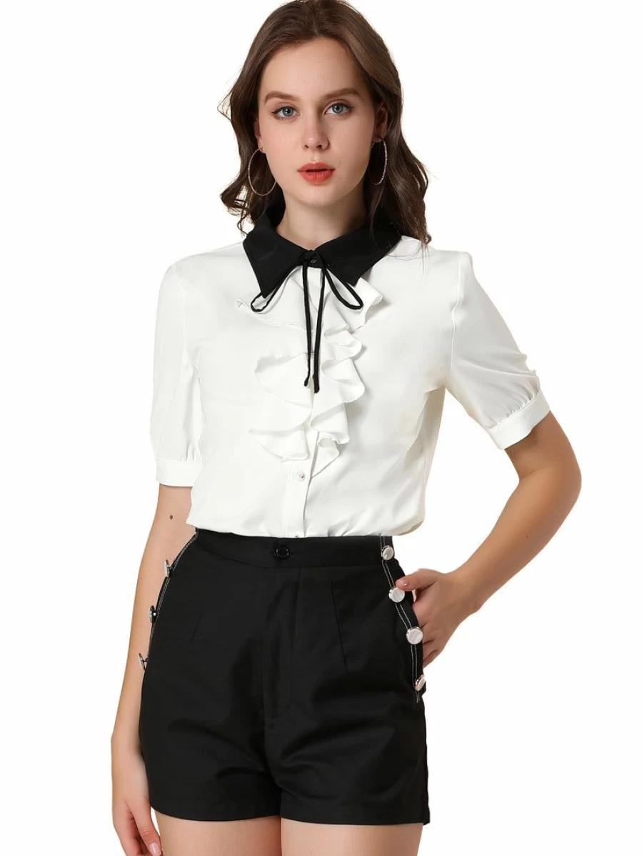 Women's Contrast Collar Ruffle Front Button-Down Shirt Short Sleeve Office Blouse Workwear Tops