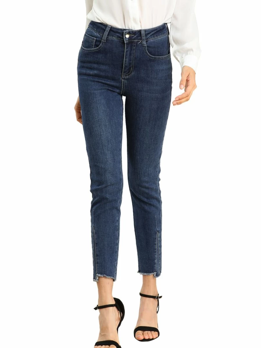 Women's High Waist Skinny Jeans with Slit Hem - Blue Stretch Denim Ankle Pants