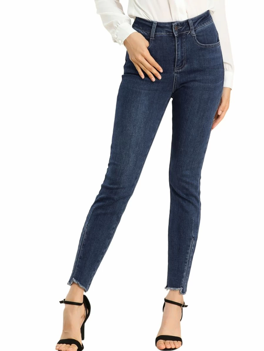 Women's High Waist Skinny Jeans with Slit Hem - Blue Stretch Denim Ankle Pants