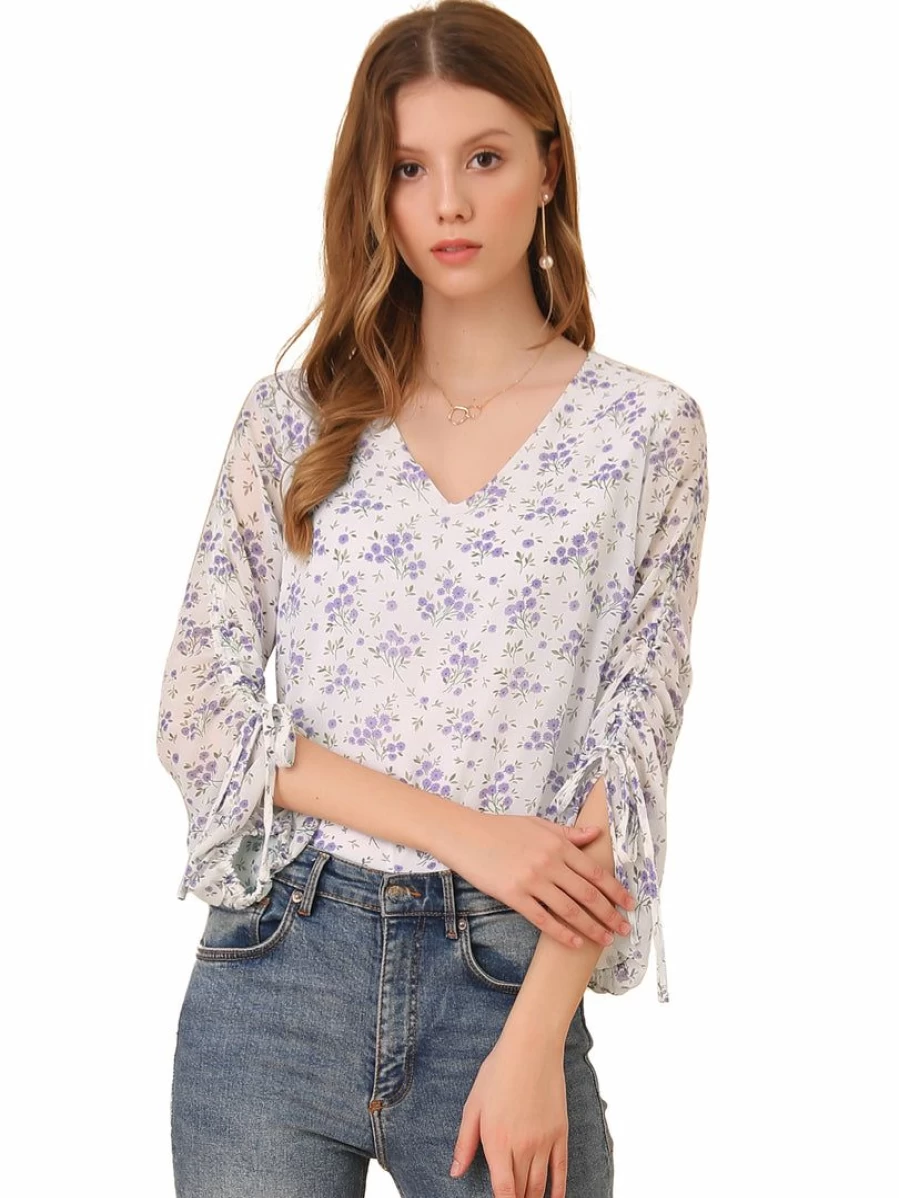 Women's White Floral Chiffon Blouse Semi-Sheer V-Neck Elegant Tied Cuff Tops