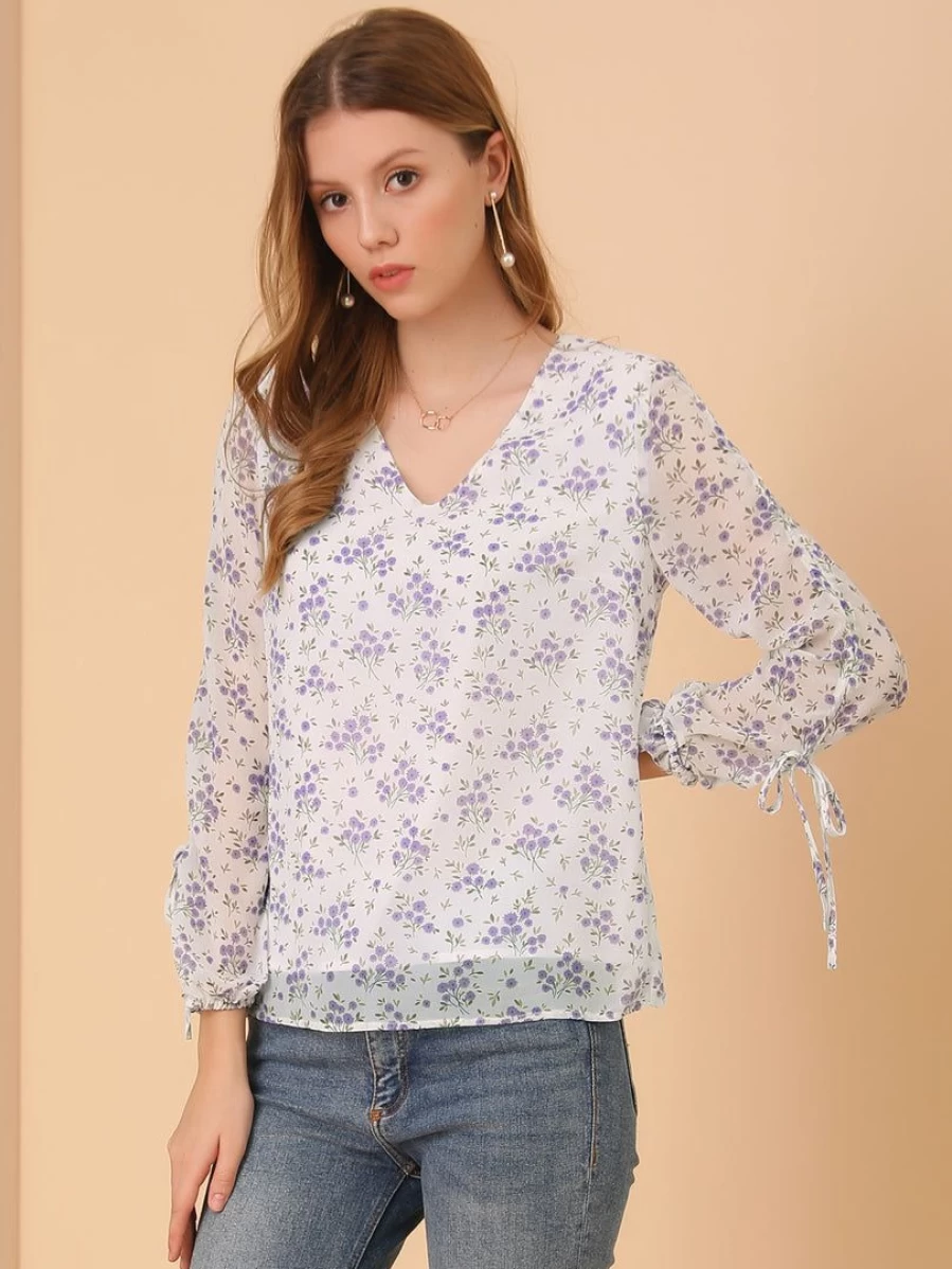 Women's White Floral Chiffon Blouse Semi-Sheer V-Neck Elegant Tied Cuff Tops