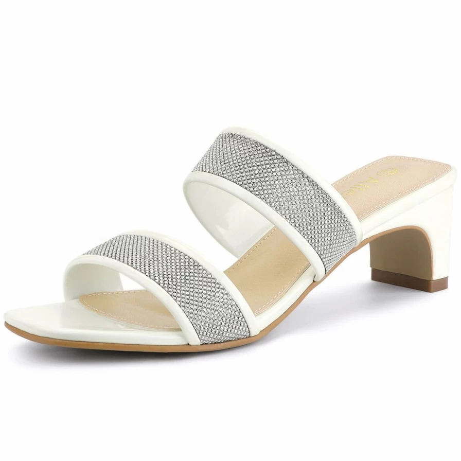 White Rhinestone Square Toe Block Heel Slide Sandals for Women by Allegra K
