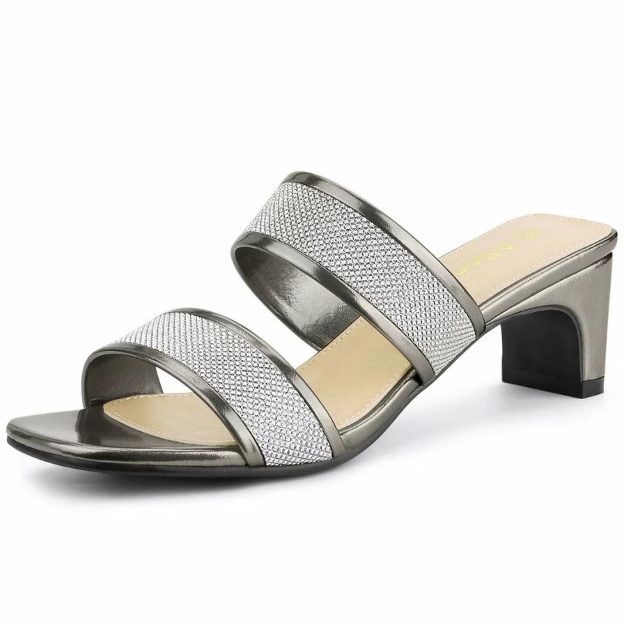White Rhinestone Square Toe Block Heel Slide Sandals for Women by Allegra K