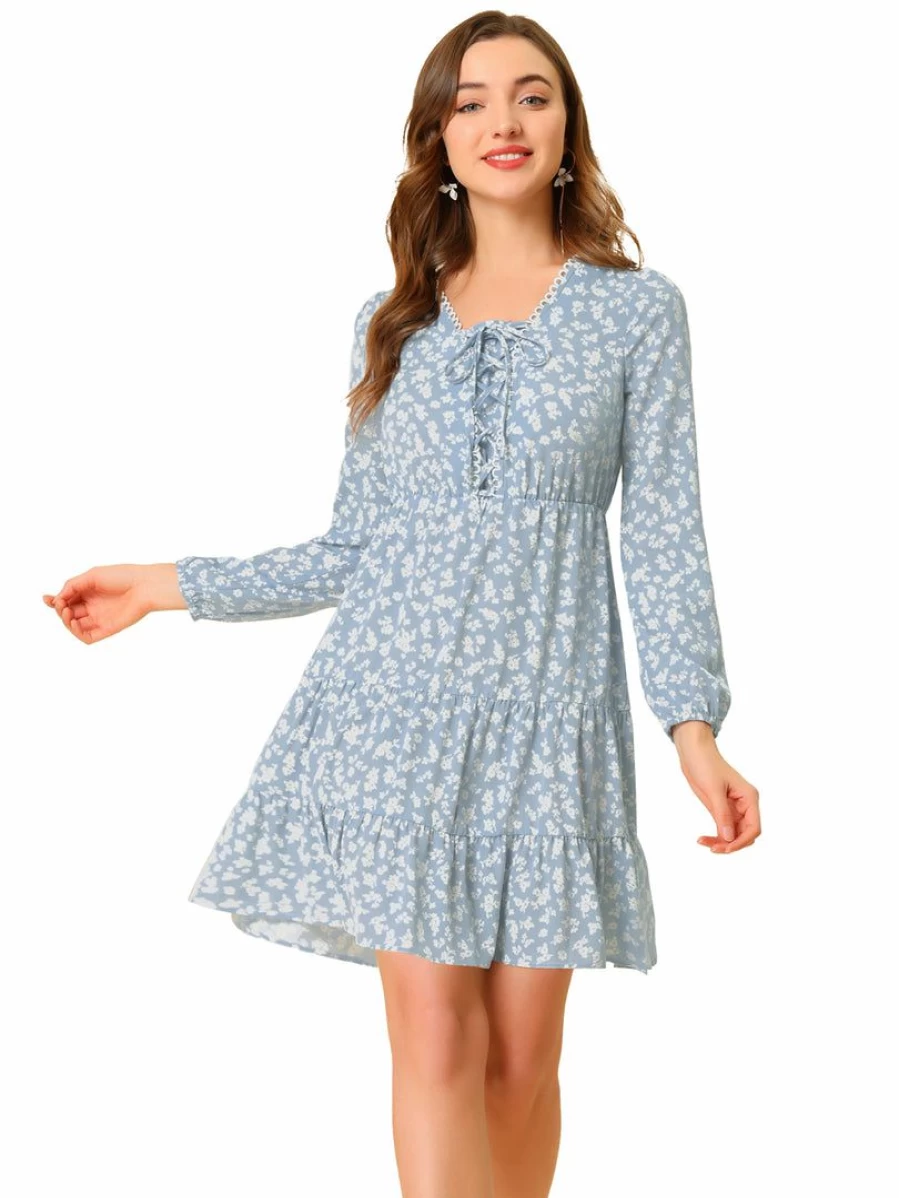 Blue Floral Chiffon Tie-Front Mini Dress for Women - Elegant Lace-Up A-Line Design