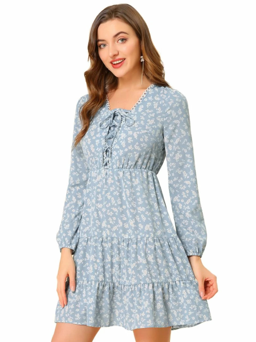 Blue Floral Chiffon Tie-Front Mini Dress for Women - Elegant Lace-Up A-Line Design