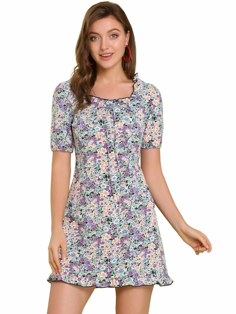 Allegra K Women's Green Floral Sweetheart Neck Puff Sleeve Ruffle Hem Knee-Length Dress