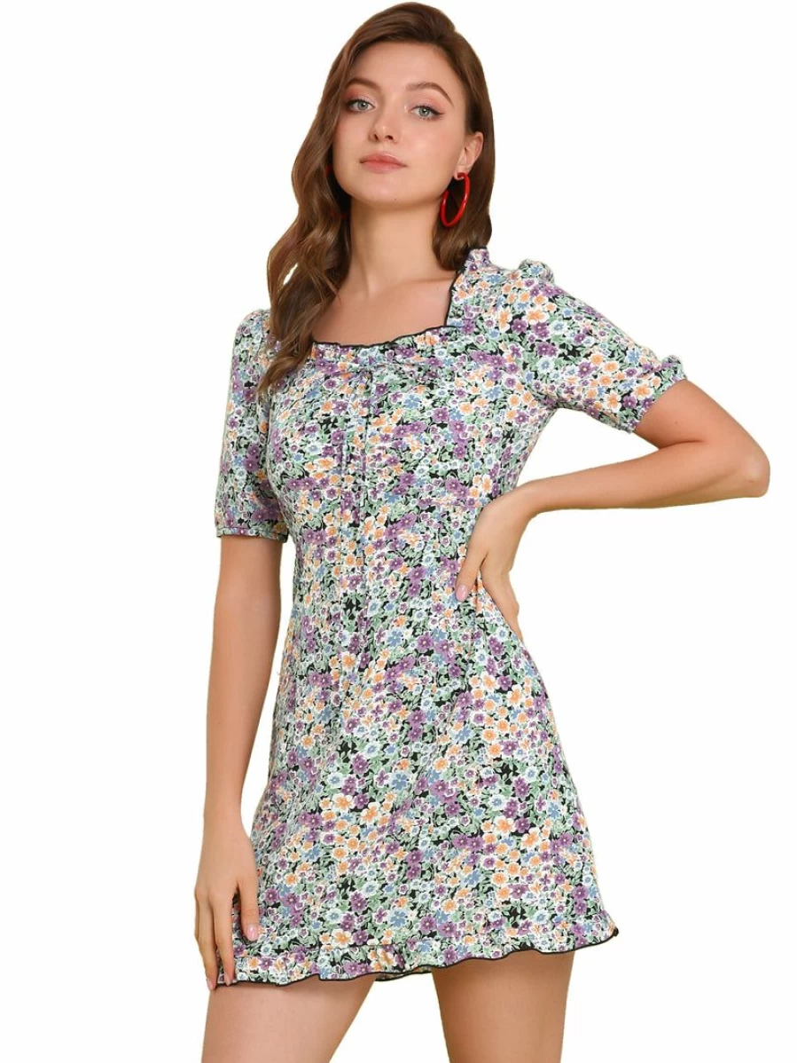 Allegra K Women's Green Floral Sweetheart Neck Puff Sleeve Ruffle Hem Knee-Length Dress
