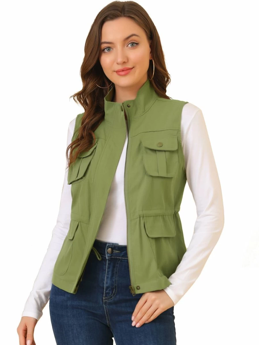 Allegra K Women's Olive Sleeveless Safari Jacket Lightweight Drawstring Utility Vest