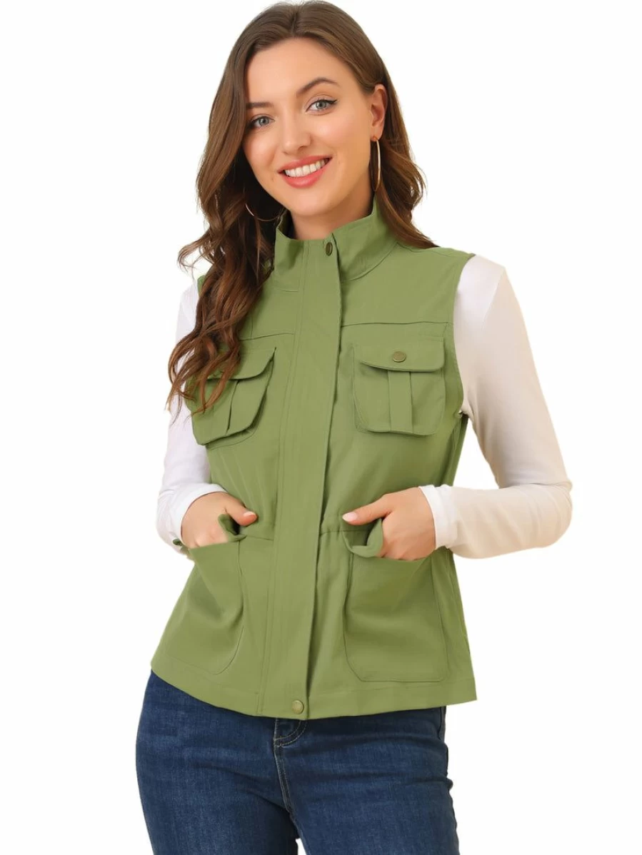 Allegra K Women's Olive Sleeveless Safari Jacket Lightweight Drawstring Utility Vest