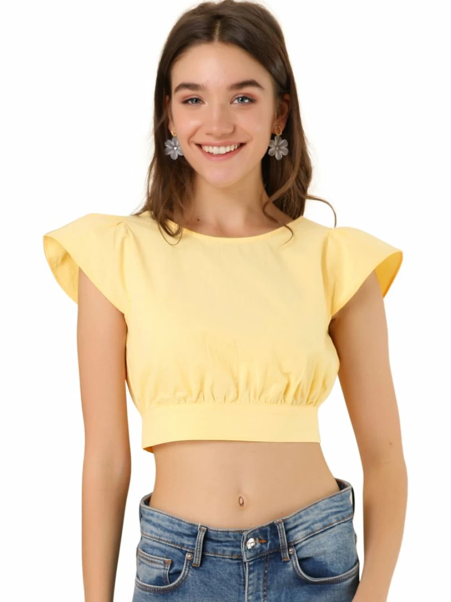 Allegra K Women's Yellow Summer Crop Top with Ruched Detail, Tie Front, V-Neck, and Flare Sleeves