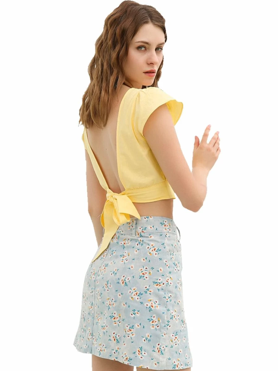 Allegra K Women's Yellow Summer Crop Top with Ruched Detail, Tie Front, V-Neck, and Flare Sleeves