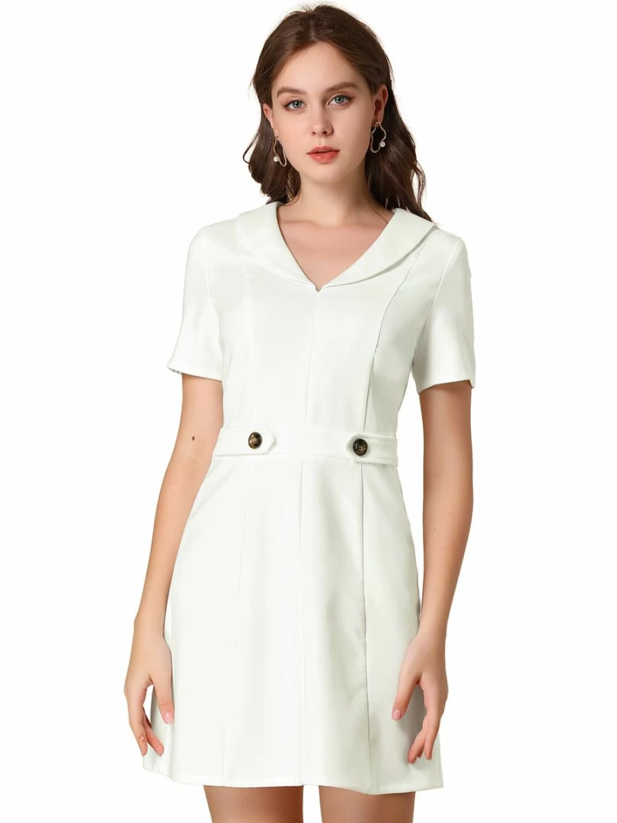 White Flare Short Sleeve V-Neck Casual Dress with Button Collar Detail