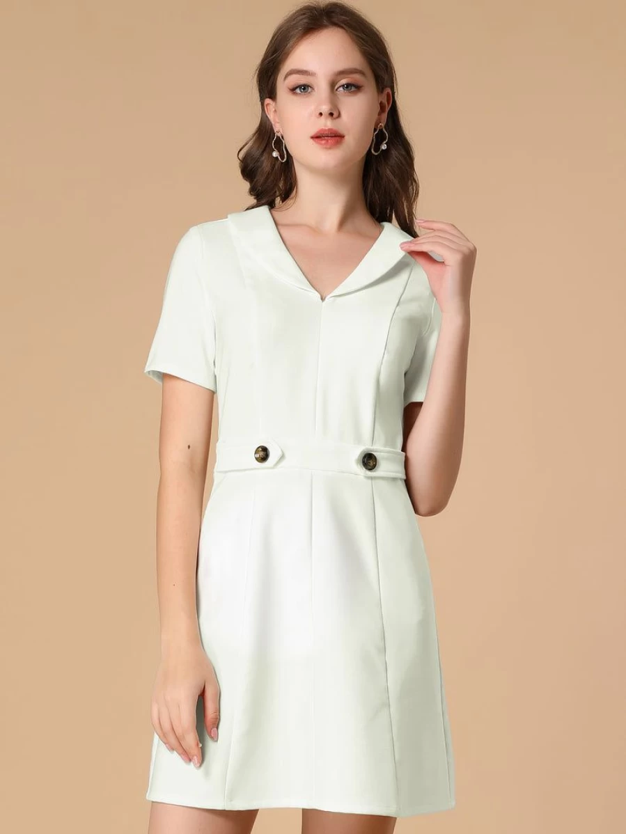 White Flare Short Sleeve V-Neck Casual Dress with Button Collar Detail