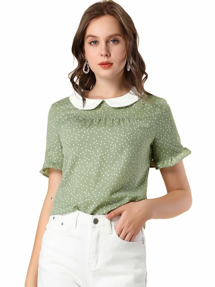 Women's Polka Dot Blouse with Ruffled Sleeves and Doll Collar Contrast Detail