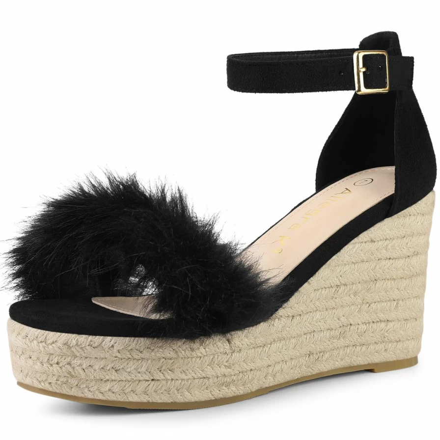 Women's Espadrille Platform Heels with Fur Ankle Strap and Wedge Sandals