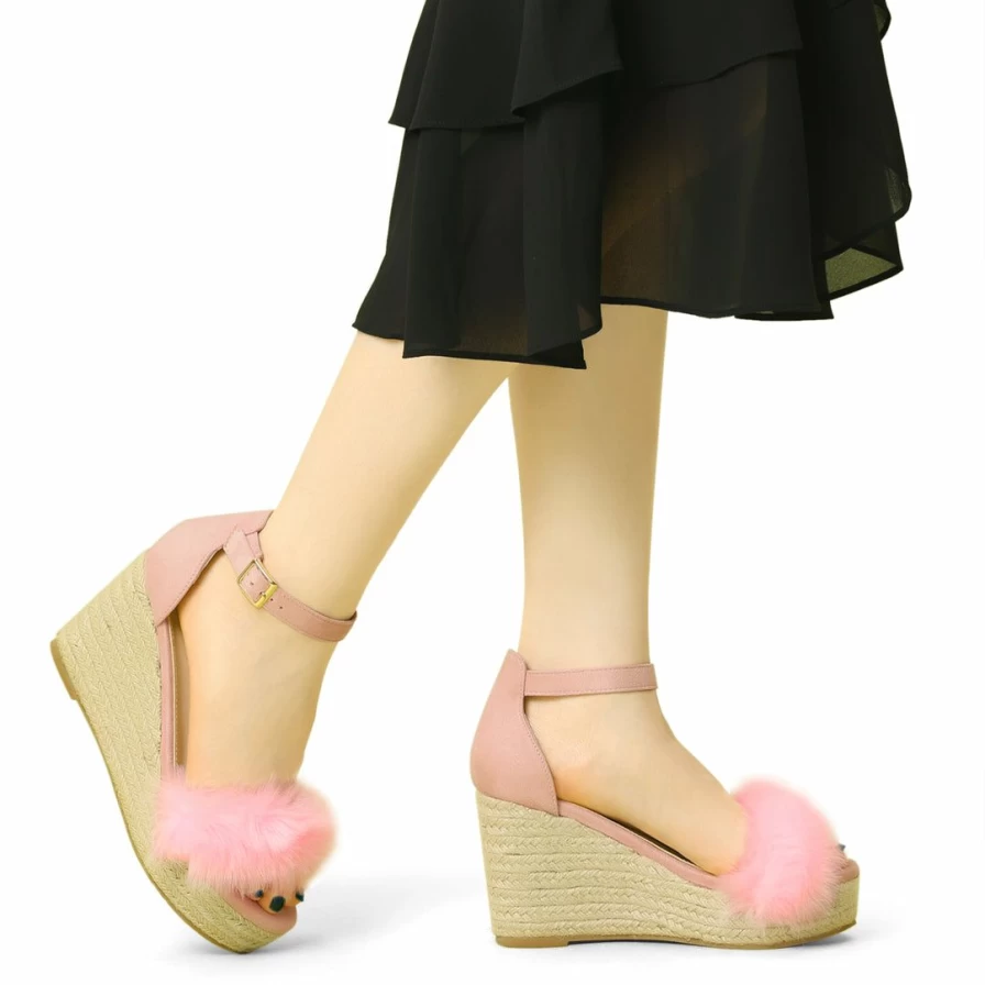 Women's Espadrille Platform Heels with Fur Ankle Strap and Wedge Sandals