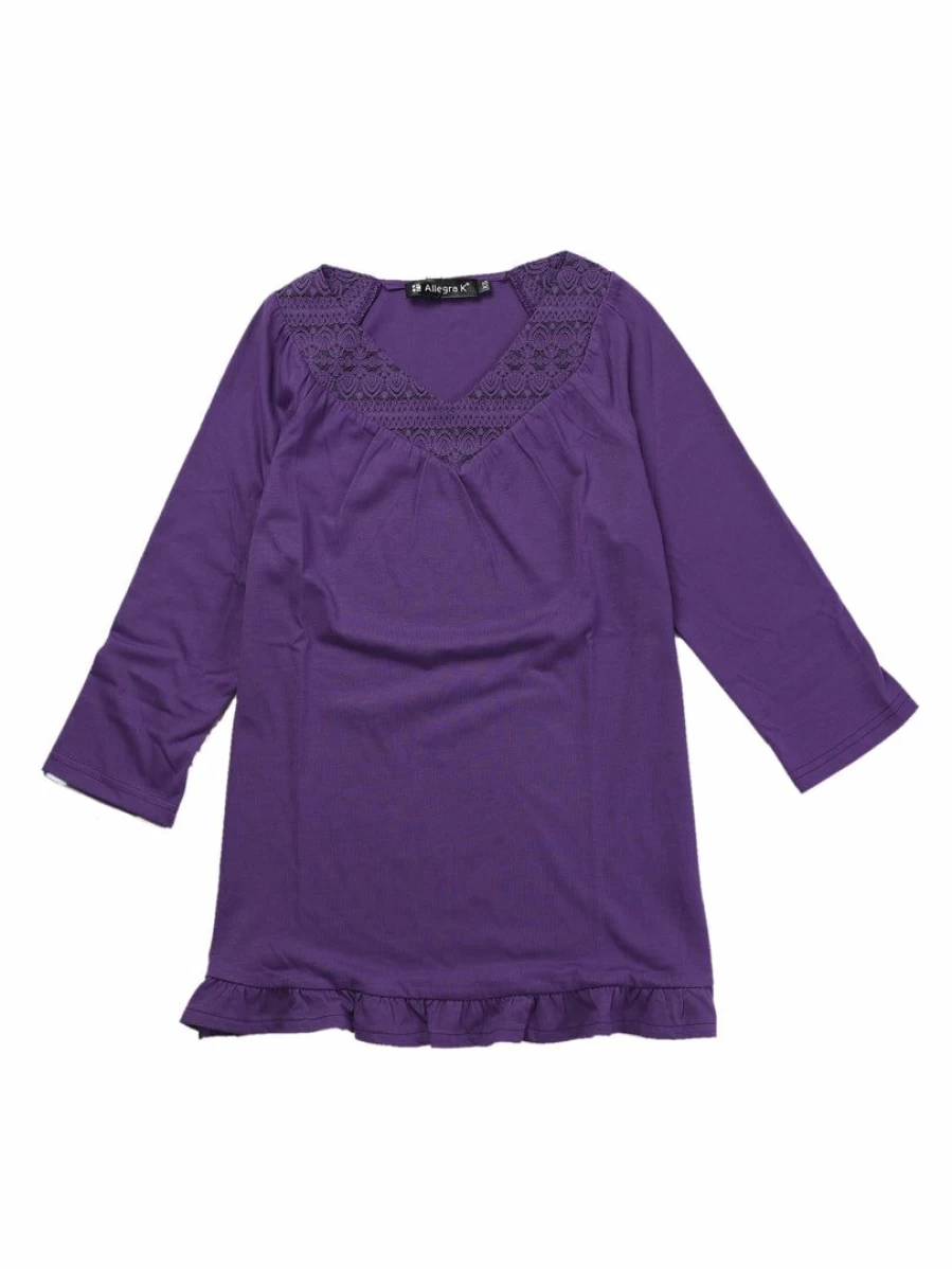 Purple V-Neck Lace Trim 3/4 Sleeve Ruffle Blouse for Women - Elegant Tiered Layered Top