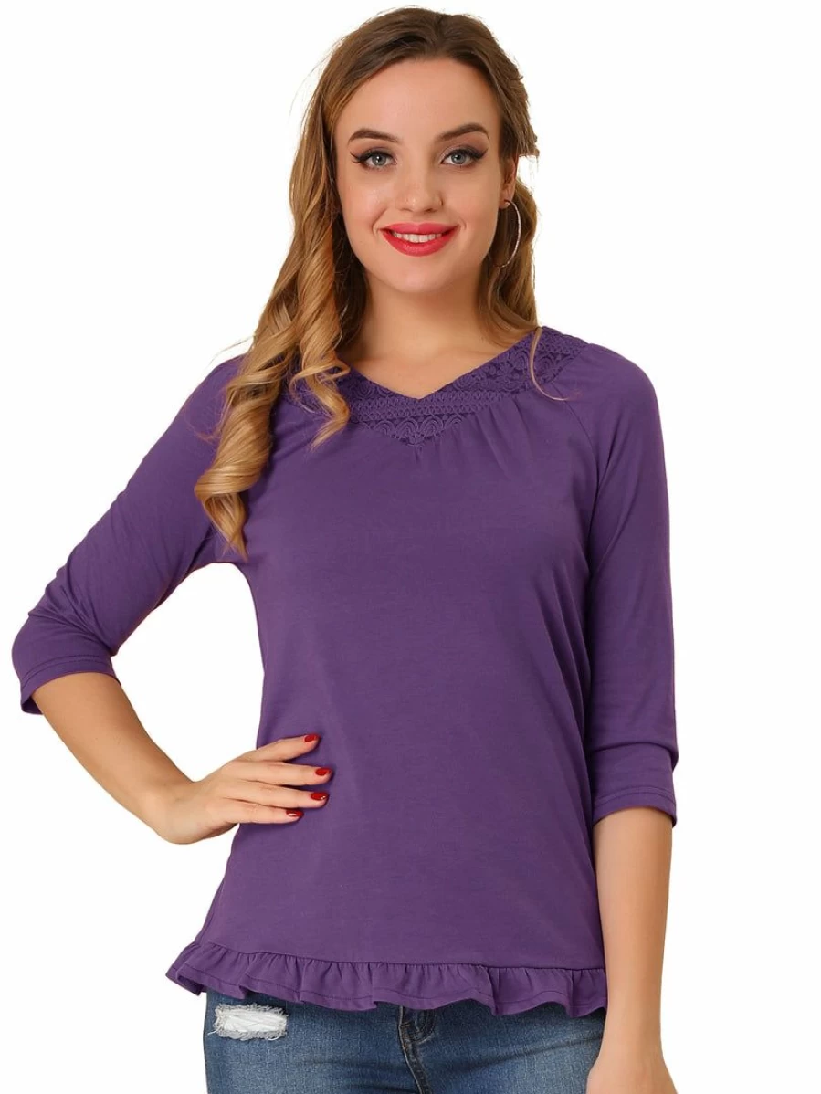 Purple V-Neck Lace Trim 3/4 Sleeve Ruffle Blouse for Women - Elegant Tiered Layered Top