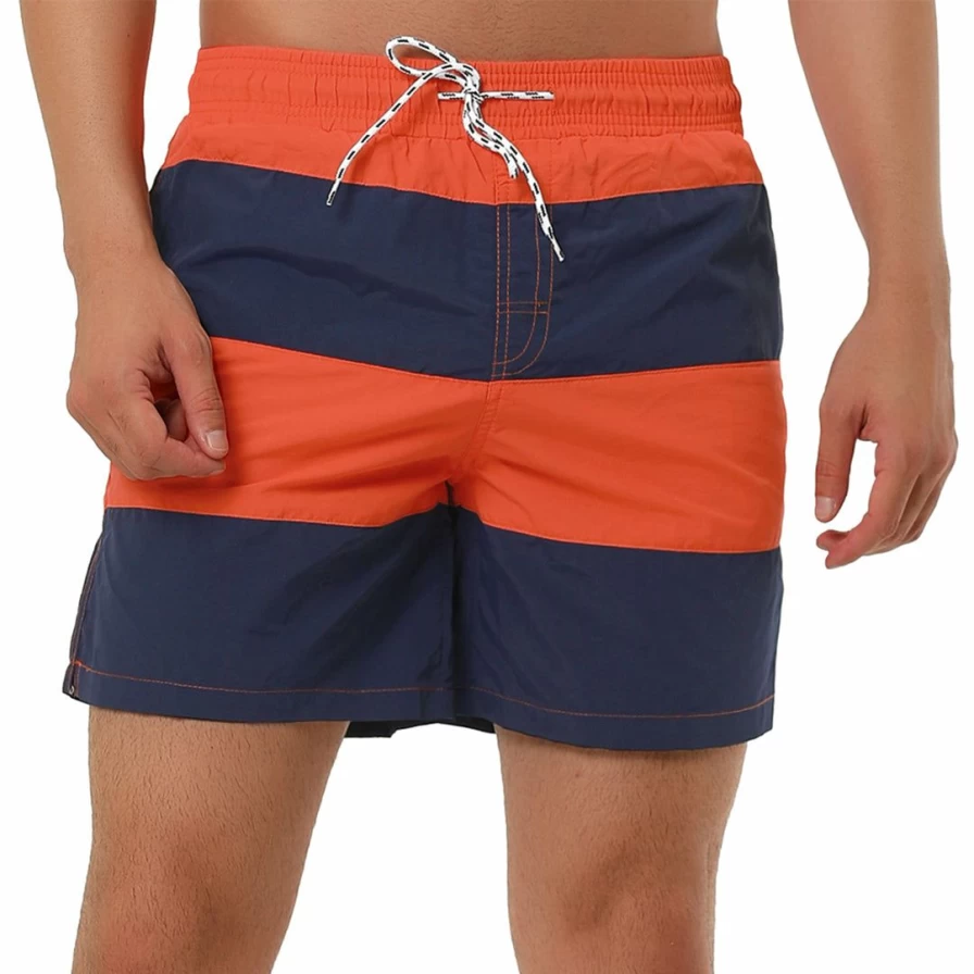 Men's Striped Color Block Swim Shorts with Mesh Lining for Beach & Board