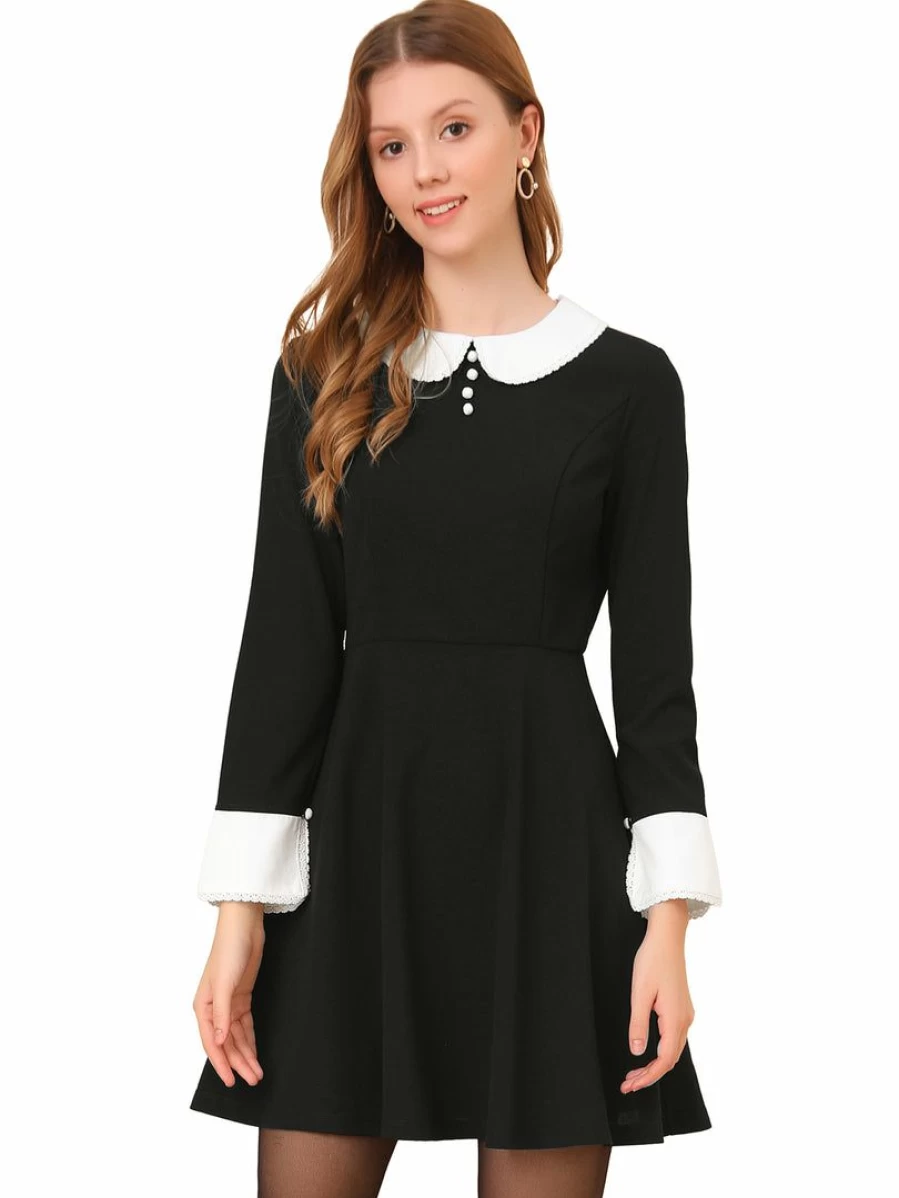 Black Flare Dress with Peter Pan Collar and Contrast Button Decor for Women