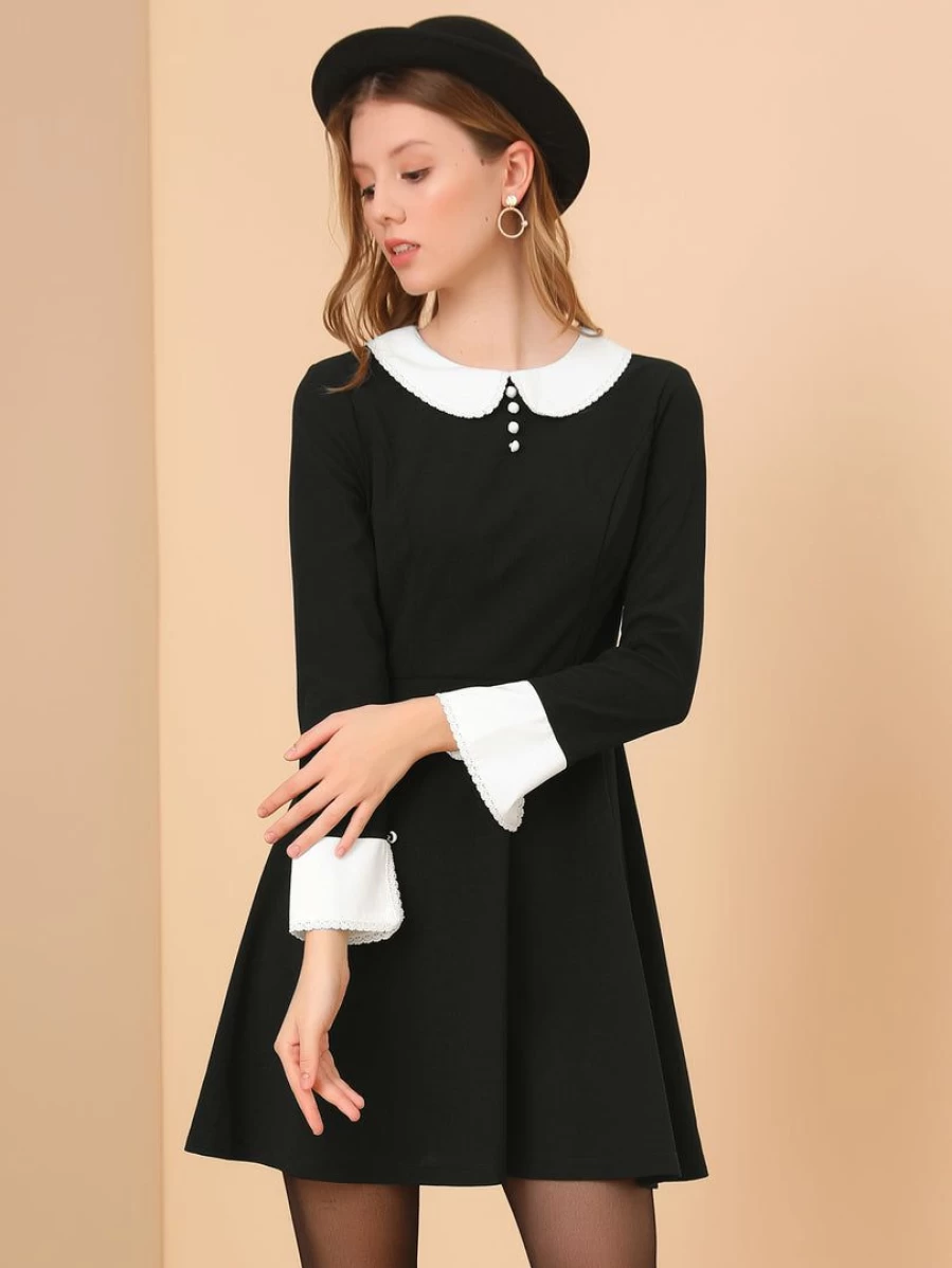 Black Flare Dress with Peter Pan Collar and Contrast Button Decor for Women
