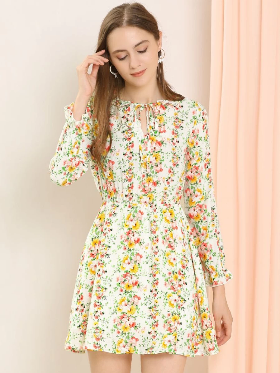 Allegra K Women's White Boho Floral Mini Dress with Ruffle Detail and 3/4 Sleeves