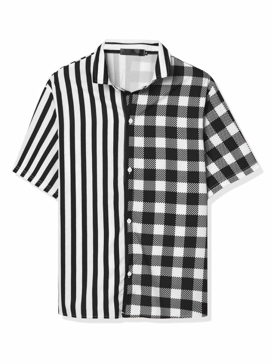 Men's Striped Plaid Short Sleeve Button Down Shirt with Contrast Color Design