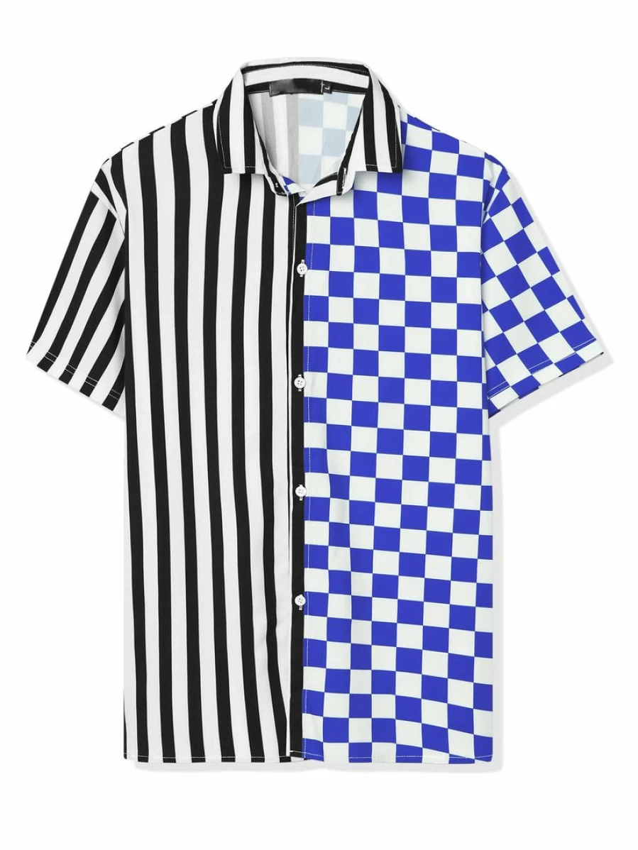Men's Striped Plaid Short Sleeve Button Down Shirt with Contrast Color Design