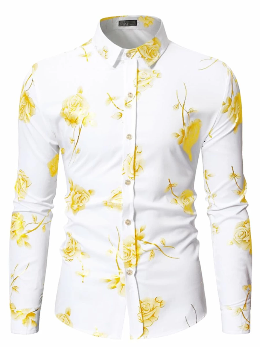Men's Floral Print Long Sleeve Button Down Dress Shirt Rose Pattern Formal Party Wear