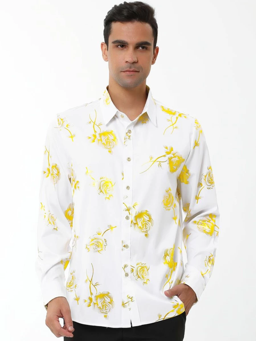 Men's Floral Print Long Sleeve Button Down Dress Shirt Rose Pattern Formal Party Wear