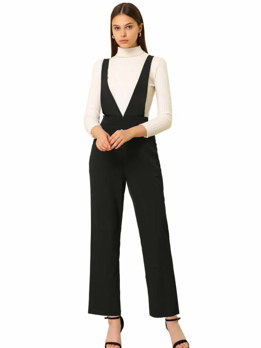 Black Wide Leg Overalls for Women with Slant Pockets and Long Suspenders - Jumpsuit