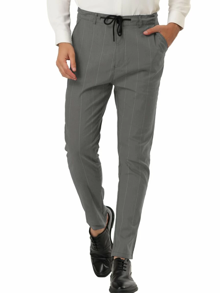 Men's Slim Fit Striped Dress Pants with Drawstring Waist for Business Casual Wear